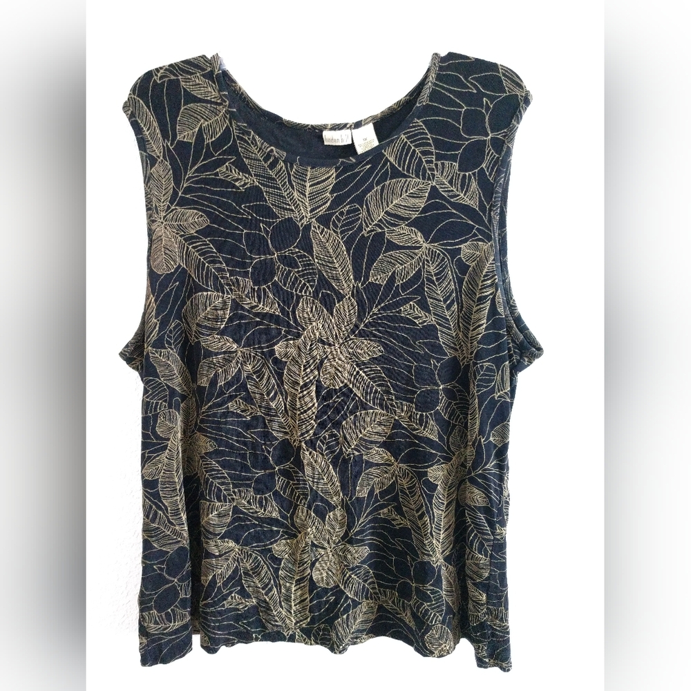 Linden Hill Travelers Knit Stretch Tank Top Black Green Leaf Print Sleeveless 1X